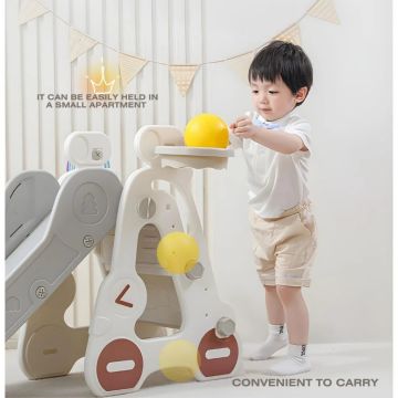 Tobogan pentru copii Nichiduta Garden Grey Car, de interiorexterior cu mini-cos de Baschet si joc de precizie cu inele, cu scara, manere de sustinere, design pliabil, 38 x 155 x 70cm