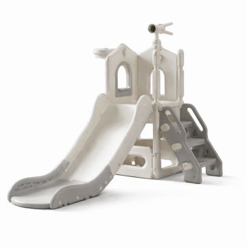 Tobogan pentru copii Nichiduta Garden Sky Bear Grey, structura ergonomica, cu mini-cos de baschet, zona de observare cu telescop integrat, scara si manere de sustinere, dimensiune 155 x 87 x 69 cm